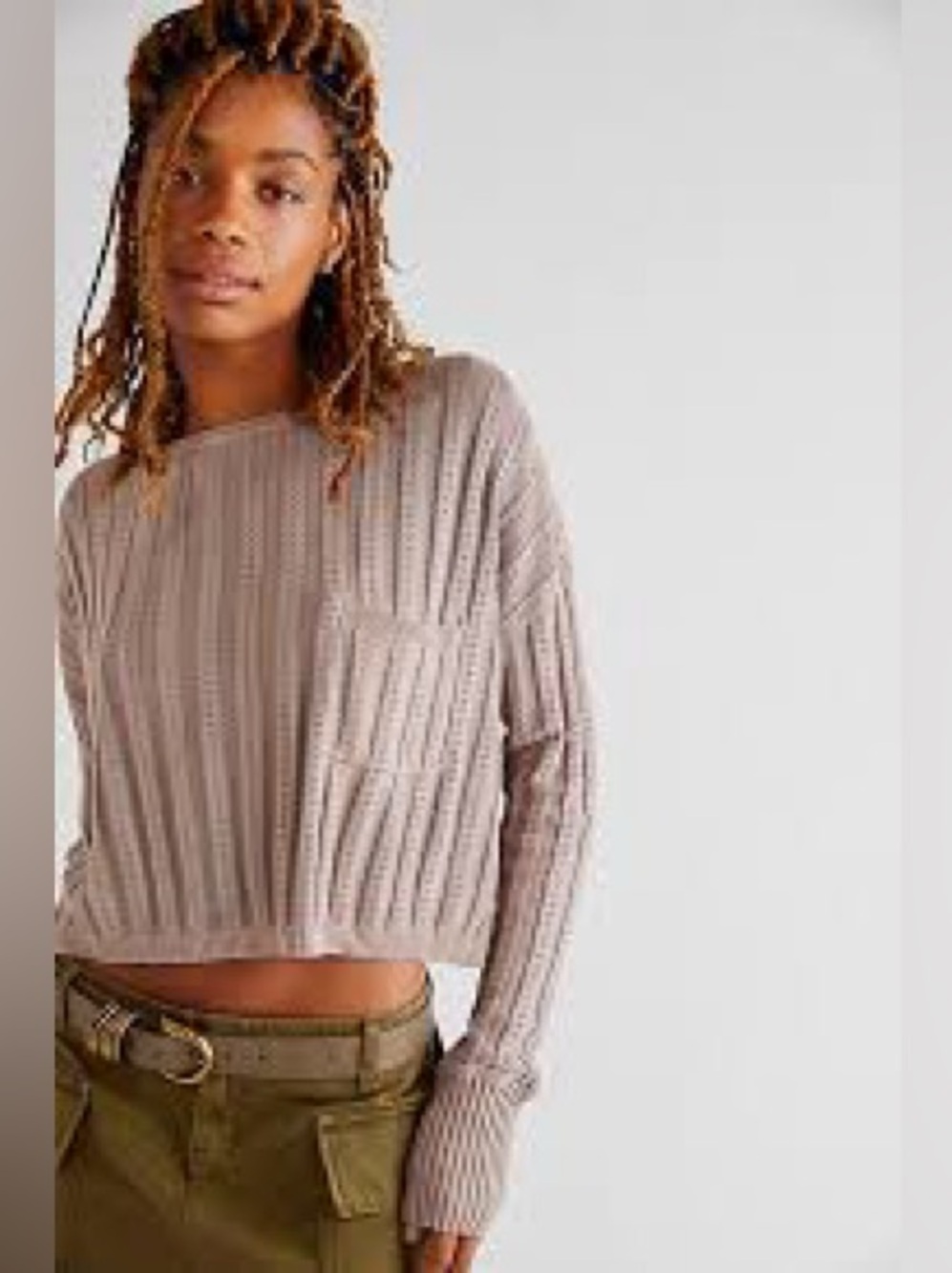 Free People Romey Pullover Ribbed Crop Sweater in Taupe